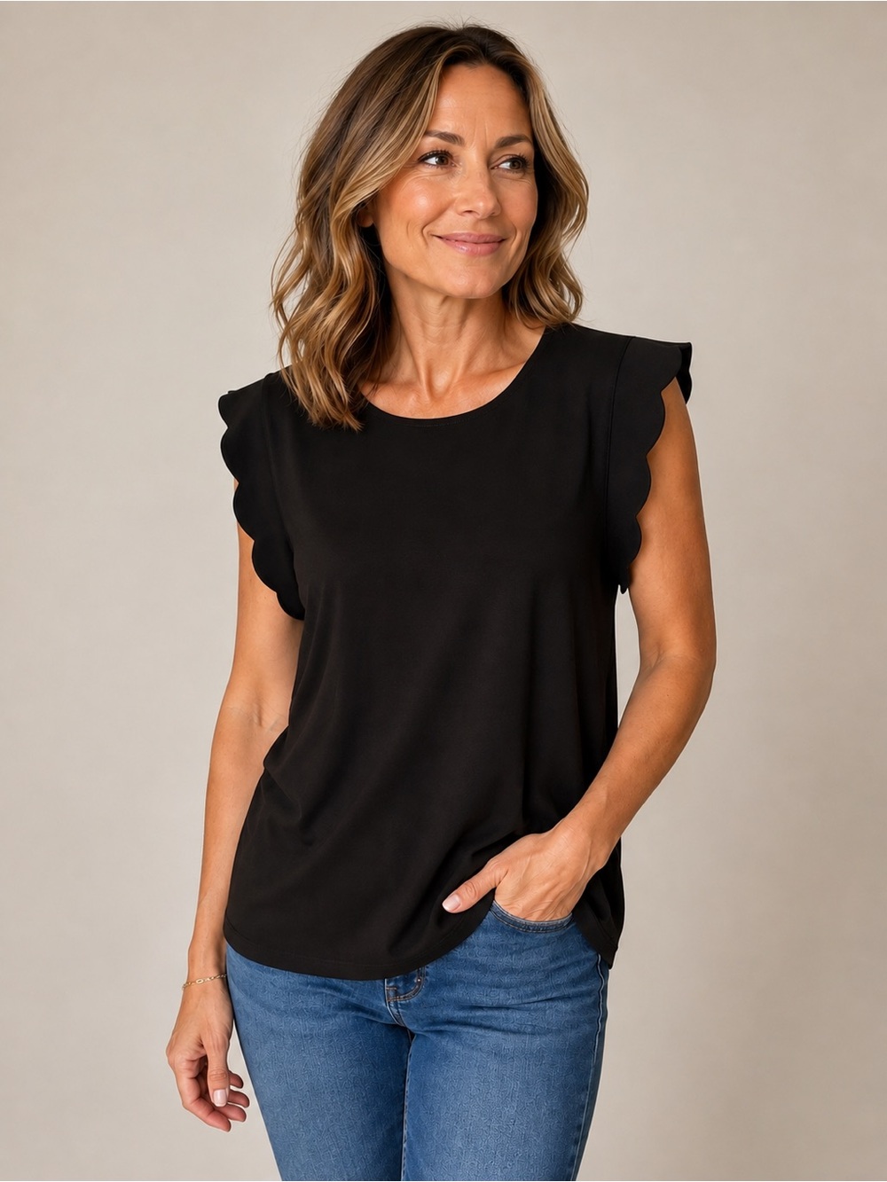 NEW Anne Klein Black Scallop Sleeve Top